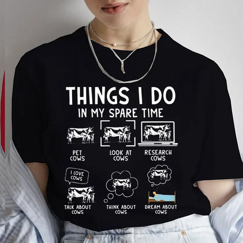 Trend Shirt Short Sleeve Fashion Summer Women Cow Things I Do in My Spare Time Cows Print T Shirt Casual Top Graphic Tee T-Shirt