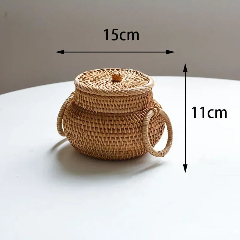 New Round Rattan Boxes with Lid Hand-Woven Multi-Purpose Wicker Tray Desktop Decoration Jewelry Storage Box Make Up Organizer