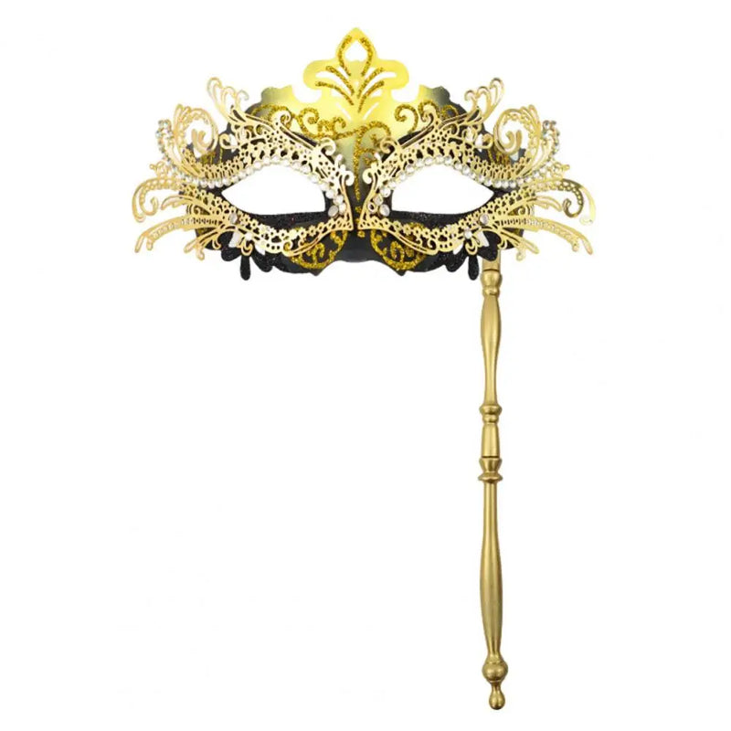Metal Fancy Elegant Party Masque with Handheld Stick Half Face Venetian Masque with Rhinestones for Women Men Prom Masquerade