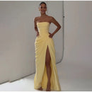 Butter Yellow Mesh Splicing Long Dress Elegant Strapless Split Backless Pleated Gowns For Women 2026 Lady Evening Party Gowns