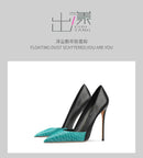 New Blue Black Serpentine Fine Heel, Pointed Shallow Mouth Splicing, Sexy and Versatile Women's High Heels