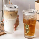 600ML Stripe Glass Coffee Cup with Straw Lid For Milk Tea Juice Breakfast Mugs Drinkware Travel Drinking Water Bottle Home Bar