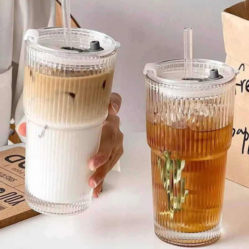 600ML Stripe Glass Coffee Cup with Straw Lid For Milk Tea Juice Breakfast Mugs Drinkware Travel Drinking Water Bottle Home Bar