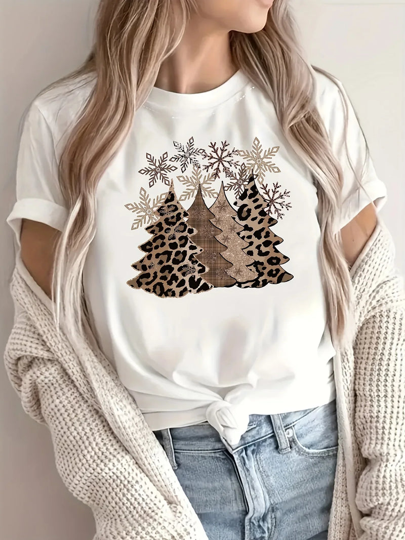 Christmas Leopard Tree Print Crew Neck O-Neck T-Shirt Harajuku Casual Oversized Streetwear Short Sleeve Top Women's Clothing