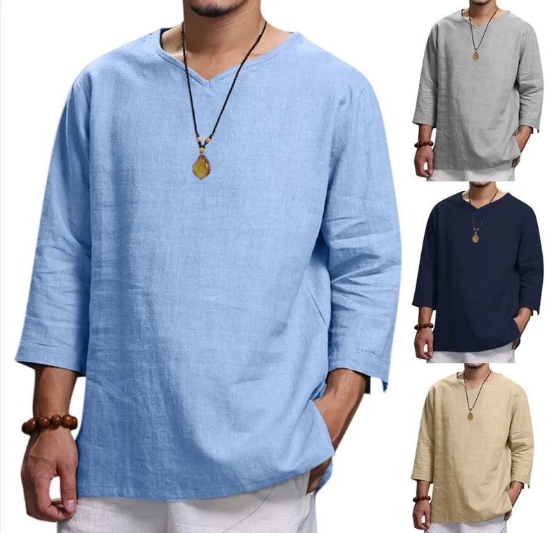 2023 New Men's V Neck Cotton Linen T Shirts Male Breathable Solid Color Long Sleeve Summer Casual Loose T-Shirt Tops