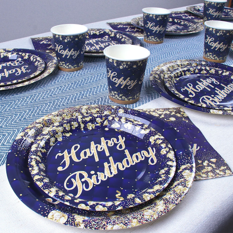 Birthday Theme Party Decorations Tableware Blue Gold Paper Plates Birthday Party Adults Baby Shower Birthday Party Supplies