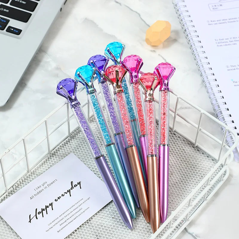 10Pcs/Lot Cute Large Diamond Ballpoint Pen Colored Crystal Neutral Oil Pen Blue Black School Office Stationery Imitation Metal