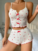 Women's Heart Print Pajama Set Cross-Back Cami Top & Ribbed Fabric Shorts Comfy Knit Sleepwear V-Neck Top Semi-Sheer Short Pants