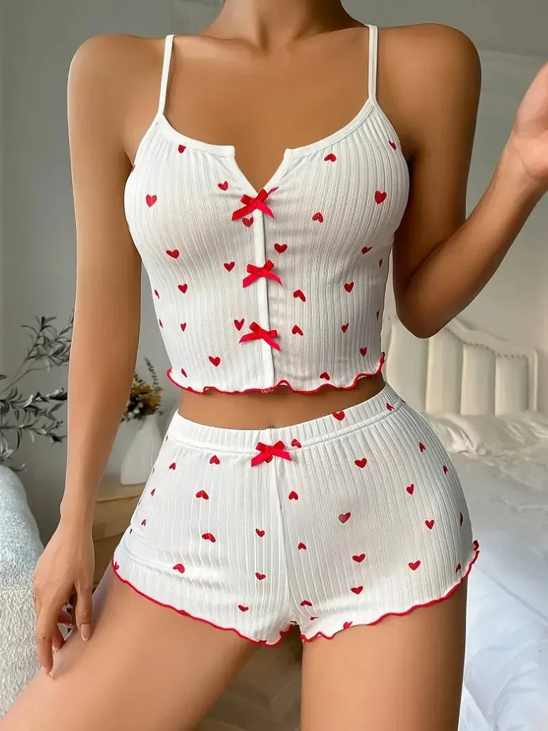 Women's Heart Print Pajama Set Cross-Back Cami Top & Ribbed Fabric Shorts Comfy Knit Sleepwear V-Neck Top Semi-Sheer Short Pants