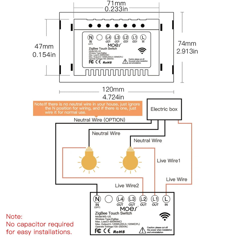 Moes ZigBee Wall Touch Smart Light Switch With Neutral/ No Neutral No Capacitor Smart Life APP Tuya Voice control Alexa Google