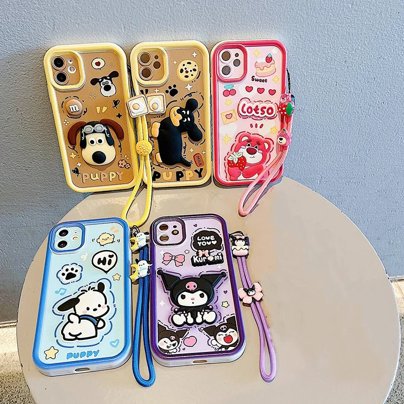 3D Cartoon Kuromi Strawberry Bear Wrist Strap Case For Samsung Galaxy S24 Ultra S23 S22 S21 Plus S20 FE Cute Bracelet Soft Cover