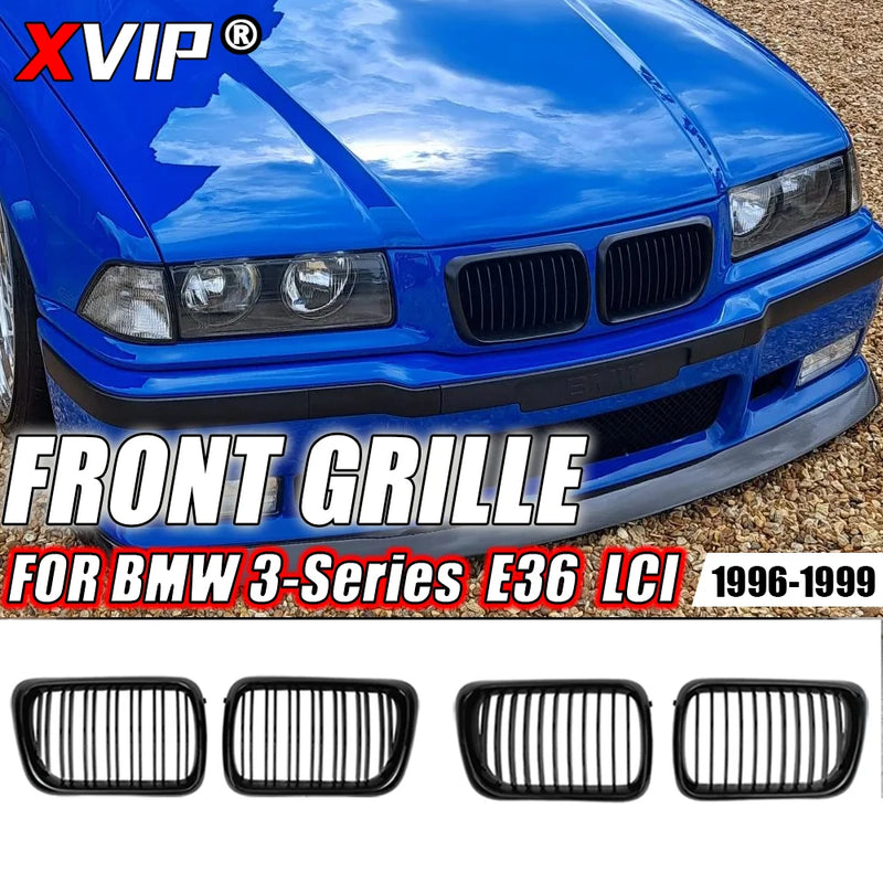 XVIP 2x Double Line Style Car Front Racing Kindey Grilles For BMW E36 LCI 1996-1999 M3 Glossy Black Dual Slats Upper Grilles