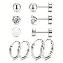 Set Of 5 Pairs Of Fashionable And Simple Cubic Zirconia Stainless Steel Earrings For Women, Mother\ Day Gift