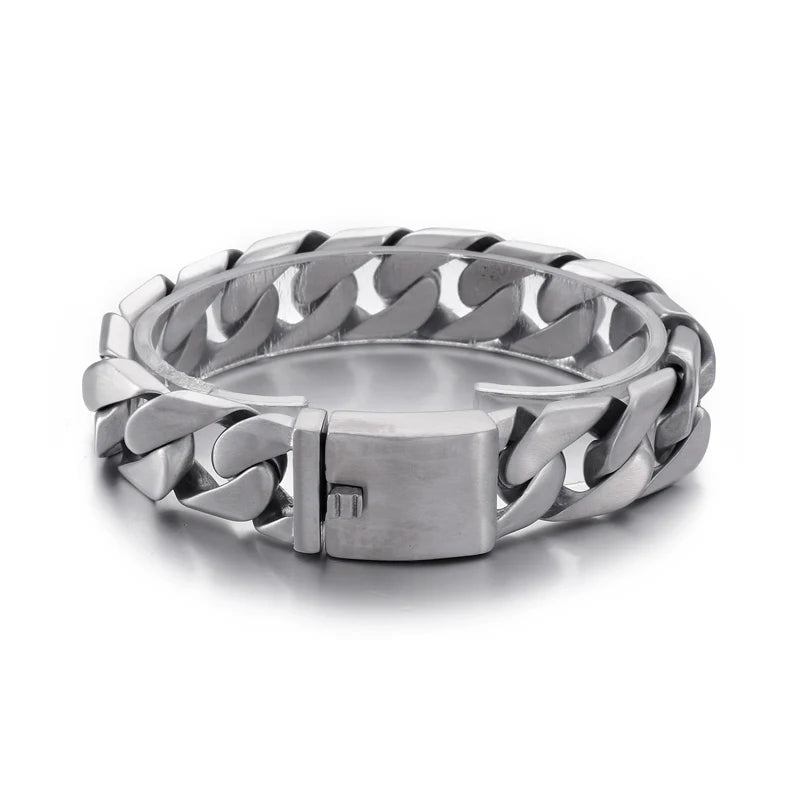 Fongten Cuban Chain Bracelet For Men Shiny Matte Stainless Steel Heavy Male Bracelets Bangle Silver Color Curb Jewelry