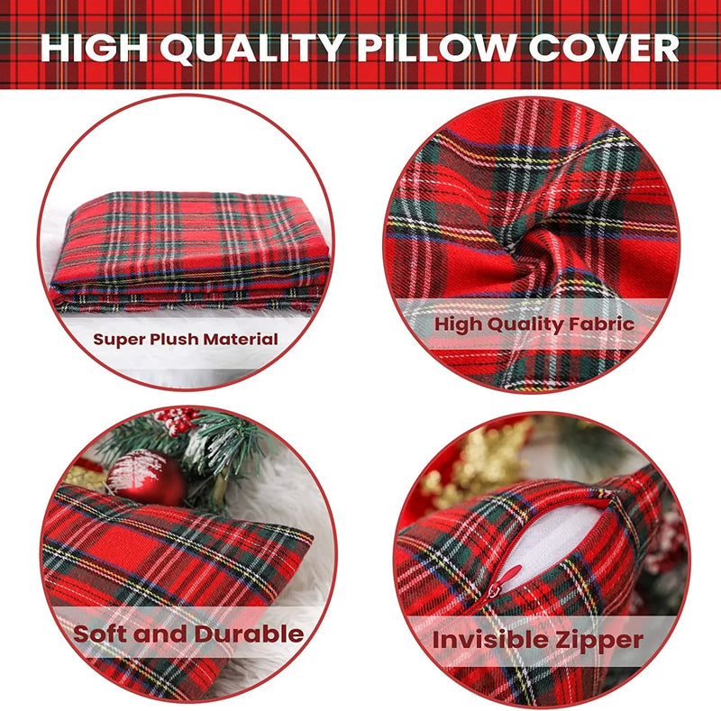 Inyahome Christmas Plaid Decorative Throw Pillow Covers Scottish Tartan Cushion Case for Farmhouse Home Holiday Decor Red Green
