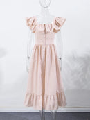 Flying Sleeve Ruffle Striped Slip Long Dress Women Elegant Square Collar Waist Cinching Pleat Party Dresses Chic Ladies Vestido