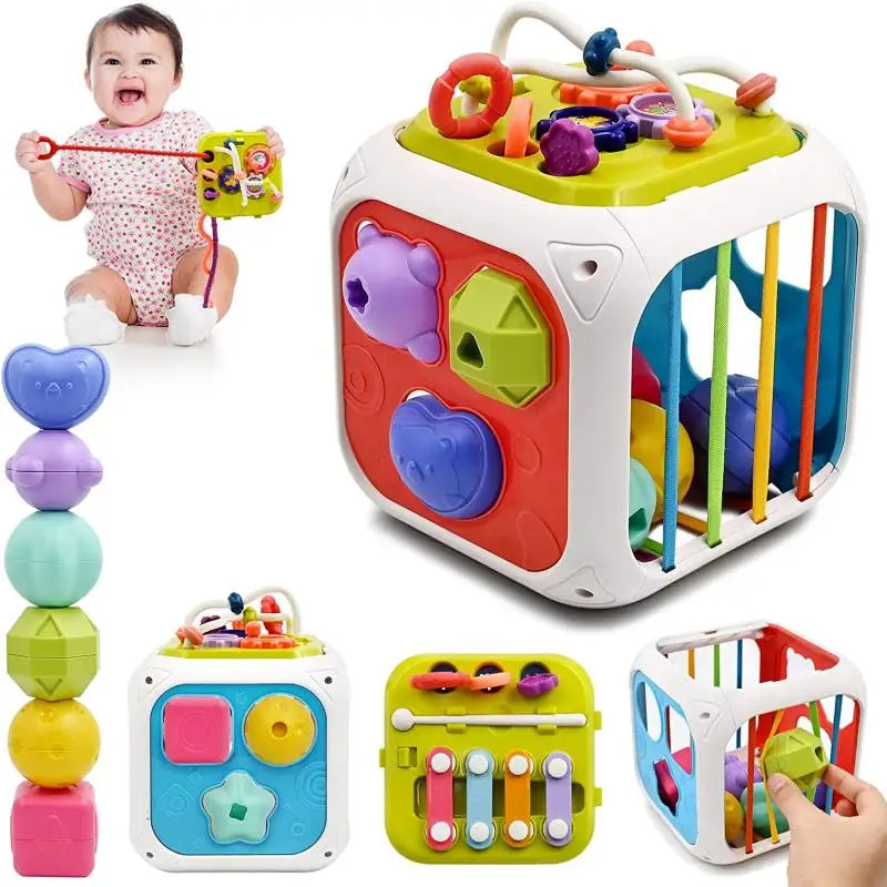 Montessori Sensory Toys Baby Activity Cube Shape Sorter Pull String Toys Fine Motor Training Games Stacking Blocks Activity Cube