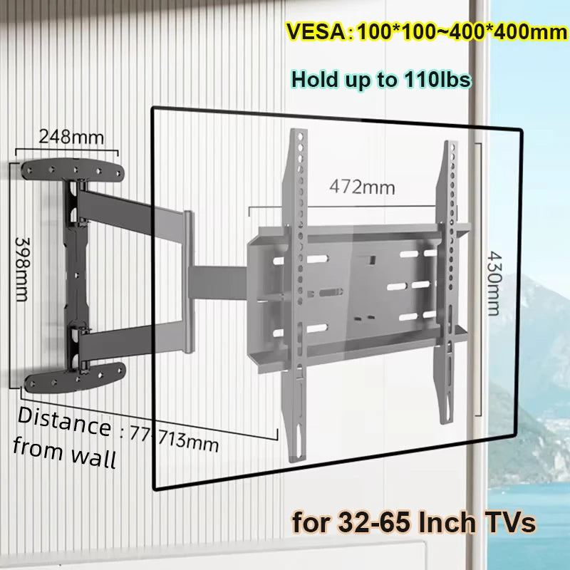 70cm Extension Long Arm TV Wall Mount, 32-65inch Full Motion TV Wall Bracket Swivel Tilt Level Articulating, Max VESA 400x400mm