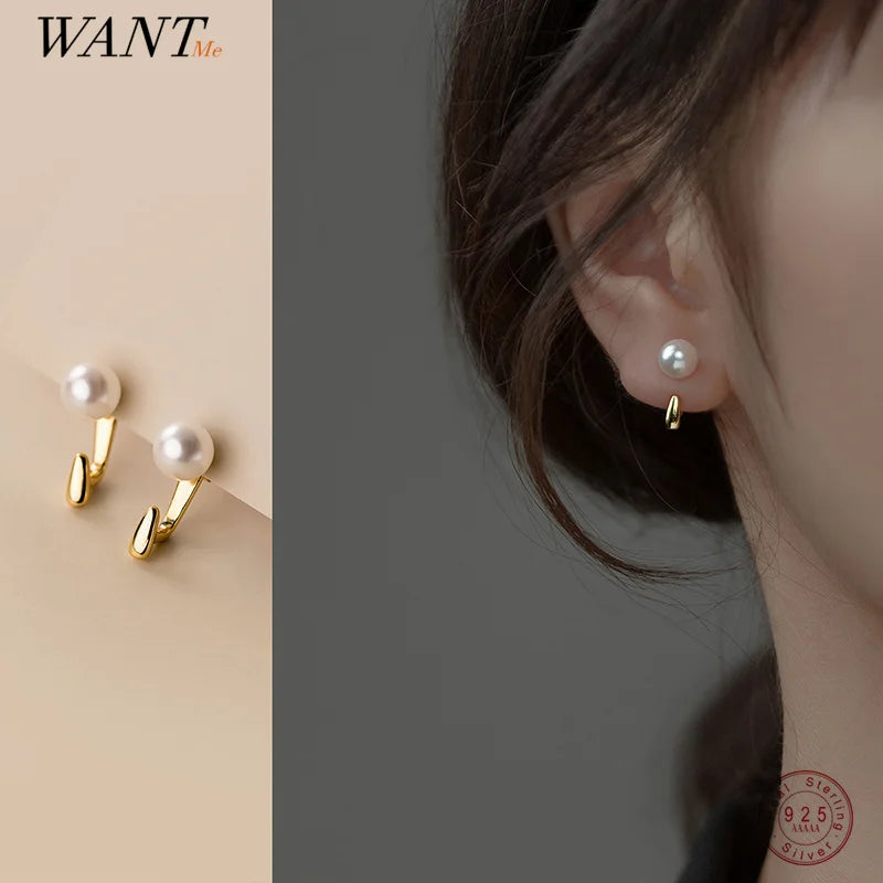 WANTME 925 Sterling Silver Trend Statement Synthetic Pearl Ear Hook Korean Cute Teenager Daily Earring Jewelry Women Accessories