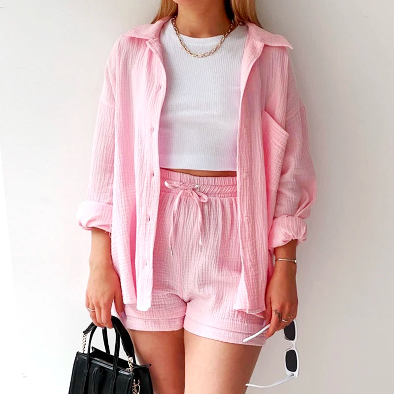 Summer Women Pajamas Fashion 100% Cotton Pink Loose Fitting Casual Pajamas 2-Piece Shorts Lace Up Lady Homewear Wearing Outside