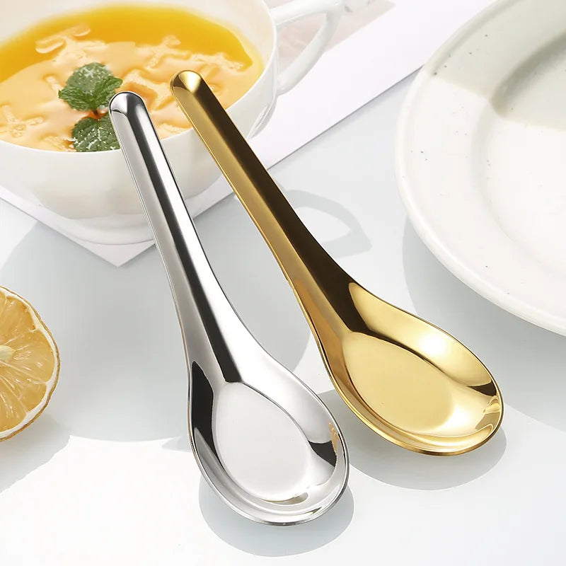 304 Stainless Steel Flat Bottom Rice Soup Spoon Silver Golden Mirror Polished Tableware Household rice spoon Kitchen supplies