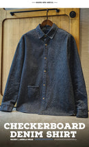 Maden Retro Loose Long-sleeved Denim Shirt Checkered Lapel Single-breasted Jacket for Men Spring and Fall Versatile Outerwear