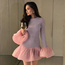 TARUXY Gestricktes Minikleid Damen Langarmkleid Ausgestellte Ärmel Spleiß Herbst Winter Kleid A-Linie Süßes Bodycon Damenbekleidung