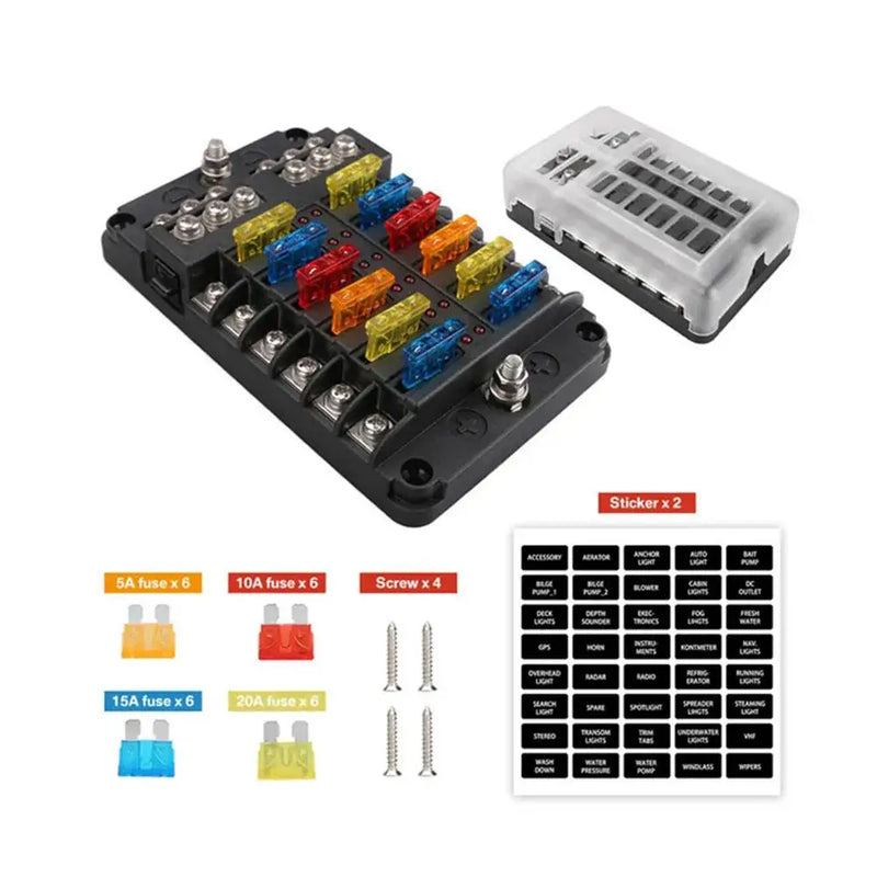 Car Boat Fuse Box Holder With 6 Ways 12 Ways Fuse Holder Block & Warning Indicator 12V 36V Power Distribution Panel Board