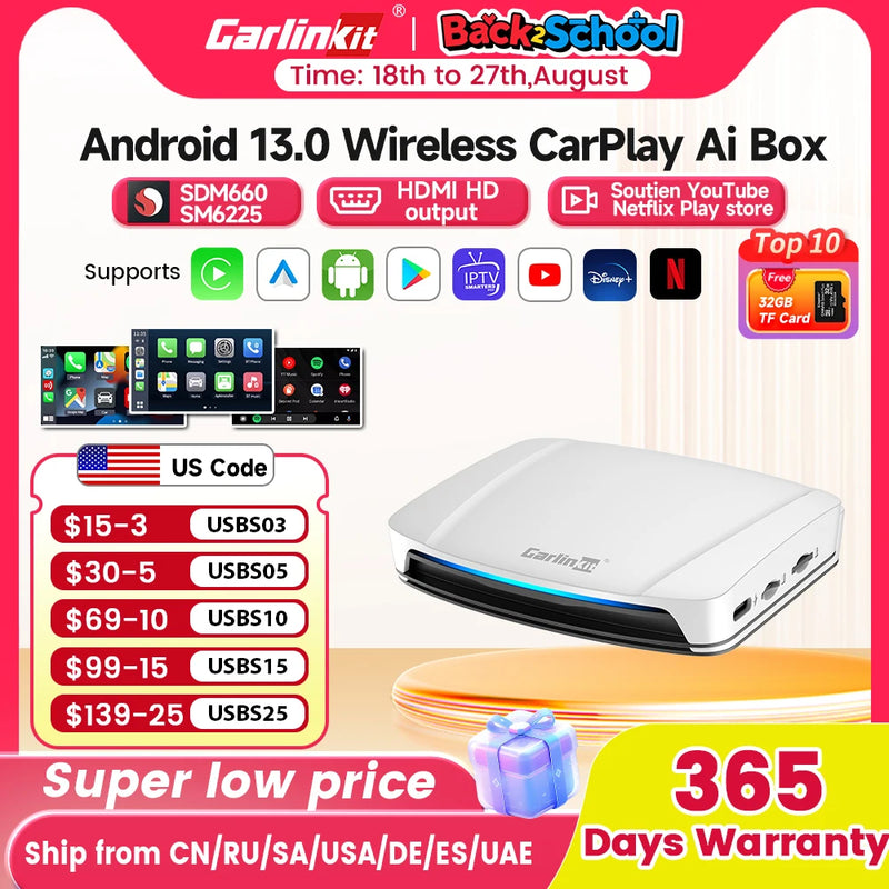 8+128G Carlinkit Tv Box Android 13 Wireless Carplay Car Box Mini Android Auto Wireless Adapter Qualcomm 8cores Fota Upgrade HDMI