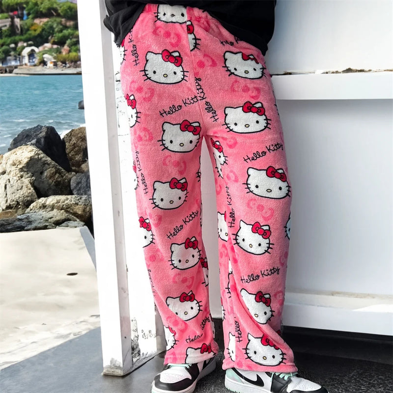 Anime Sanrio Hello Kitty Pajamas Pants Kawaii Unisex Autumn Winter Warm Y2k Flannel Cute Sleepwear Trendy Cartoon Home Clothes