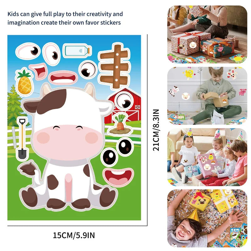 6-24Sheet Make A Face Sticker Pack for Kids Creative Make Your Own Dog Cat Sheep Farm Animal Stickers Children DIY Puzzle Jigsaw