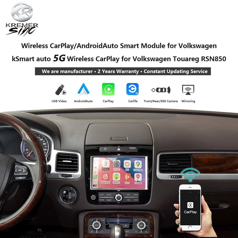 Wireless CarPlay AndroidAuto Smart Module for Volkswagen Touareg RNS850 2012-2018 Support Mirroring OEM Microphone