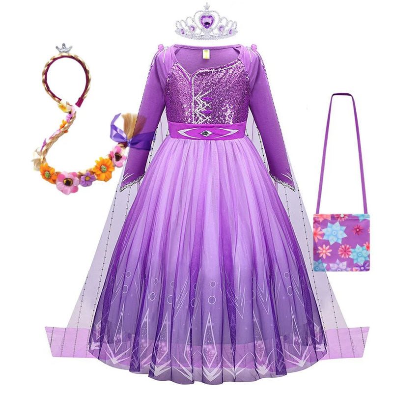 Girl Elsa Dress Princess Cosplay Purple Sequins Mesh Halloween Long Sleeves Ball Gown Birthday Party Carnival Costume