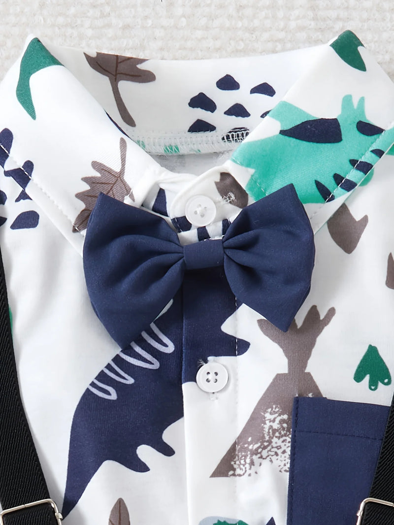 2-piece gentleman cute dinosaur print bow pocket shirt+strap shorts party dress set