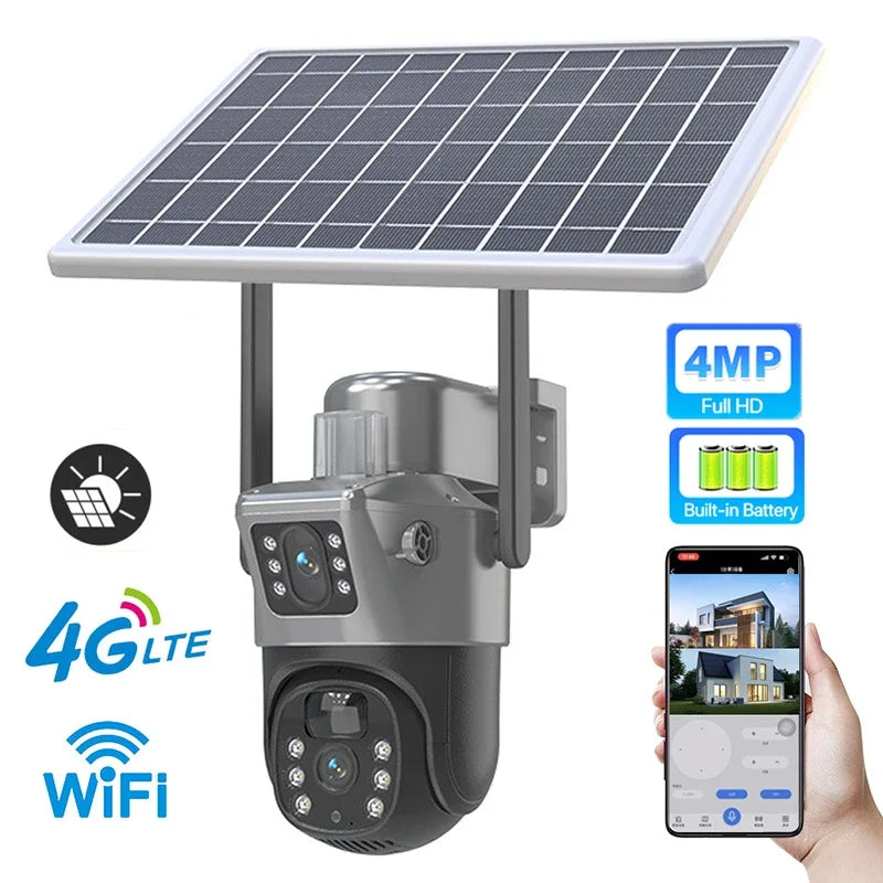 4MP WIFI 4G Wireless PTZ Solar Camera Dual Lens Dual Screen Outdoor IP Camera Solar Panel Audio PIR Security Surveillance Camera