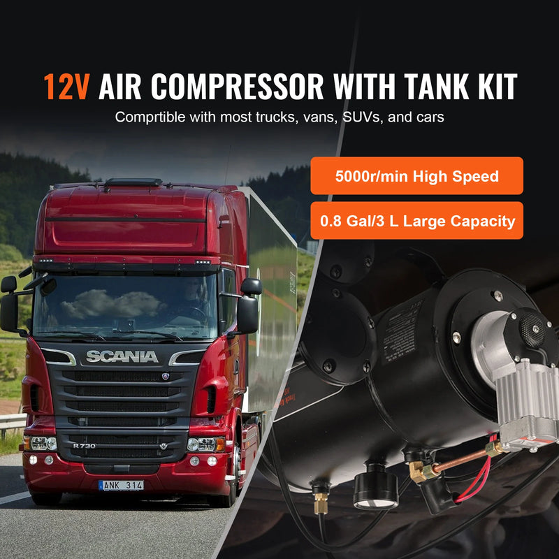 SucceBuy 12V Air Compressor with Tank 0.8 Gal Train Horn Air Compressor 120 psi Working Pressure Onboard Air Compressor System