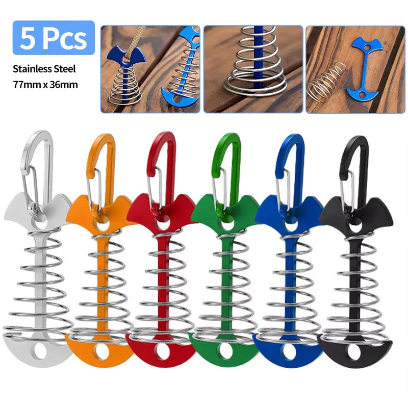 1/5Pcs Adjustable Plank Floor Spring Fishbone Anchor Tent Pegs Buckle Outdoor Awning Deck Stakes Fixed Nails Camping Tent Hooks