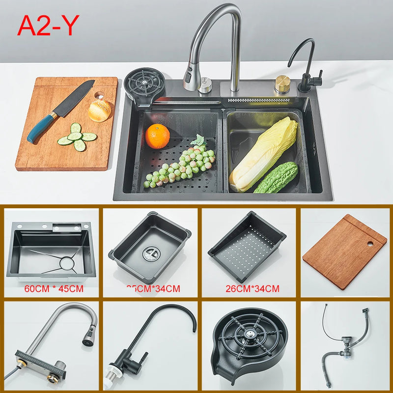 Gold Multifunctional Kitchen Waterfall Sink Digital Display Large Single Sink Dish Basin Sink 304 Stainless Steel