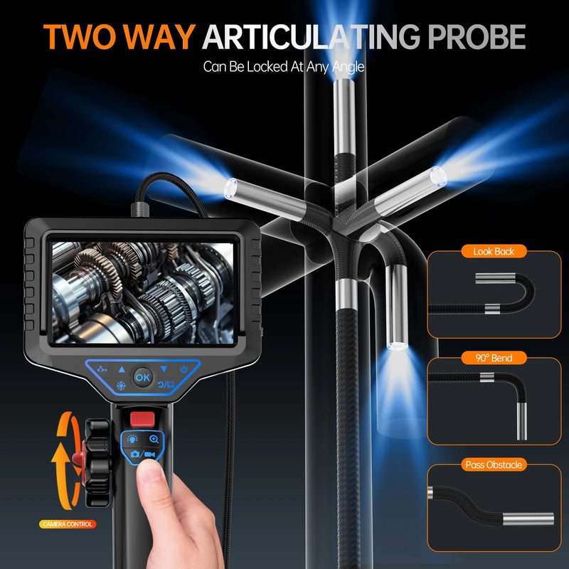 2.8/3.6MM Lens Articulating Borescope 1080P 5 Inch IPS Screen Two Way 360° Steering Endoscope Camera Waterproof IP67  Video