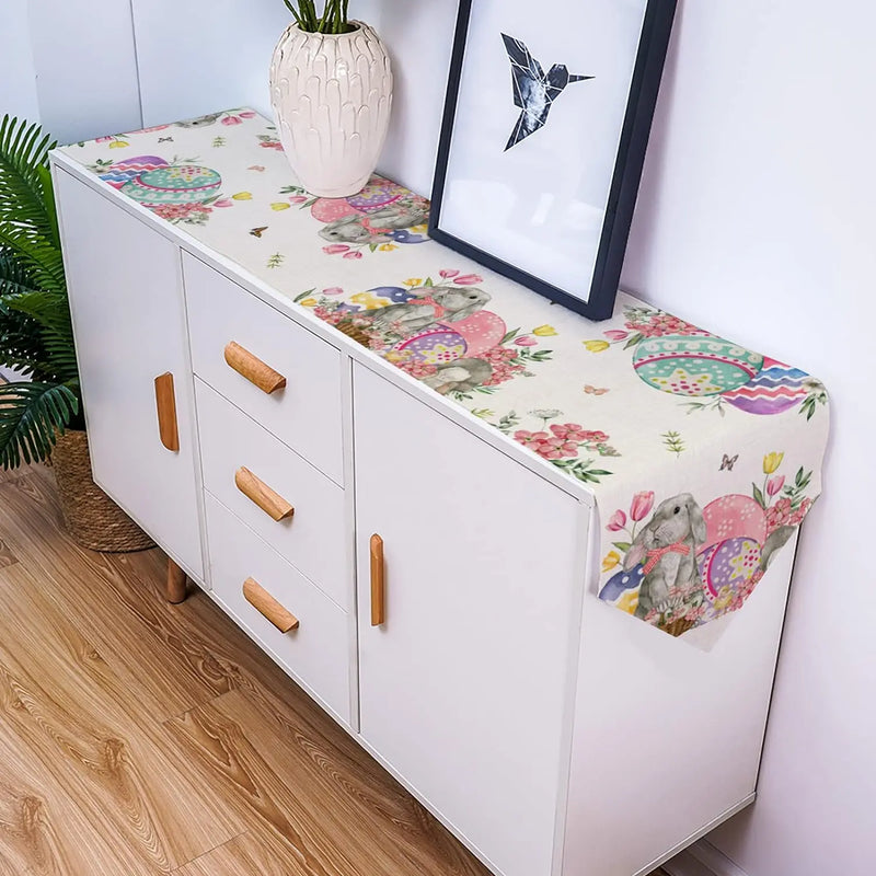 Bunny Eggs Flower Tulip Easter Linen Table Runners Dresser Scarf Table Decor Washable Kitchen Dining Coffee Table Runners Decor
