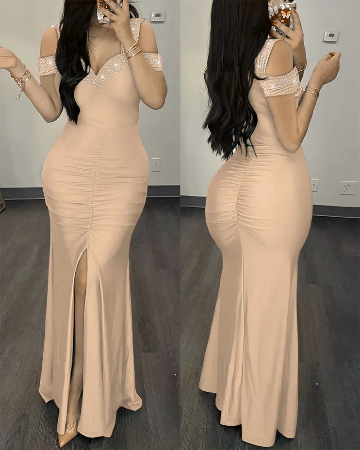 Woman Sexy High Waist Evening Dresses Fashion Women's Clothes Rhinestone Cold Shoulder Slit Ruched Elegant Party Dress for Women