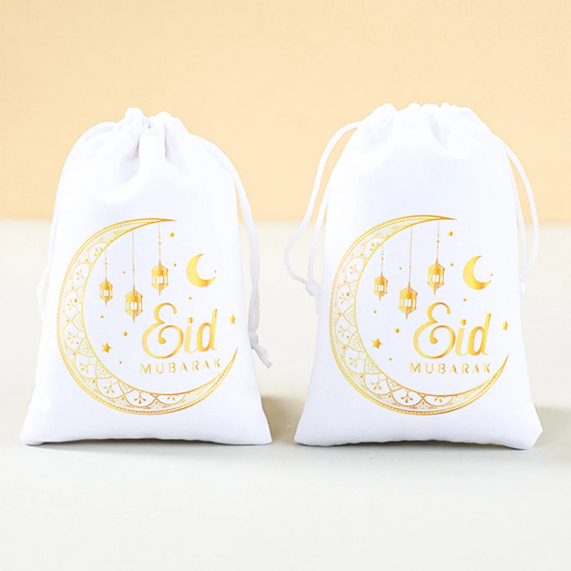 6pcs Eid Mubarak Bags Black Velvet Gift Kareem Ramadan Candy Bags Muslim Islamic Home Family Party Decorations Eid al-Fitr 2025