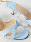 Sweet Cross-tied Slippers Solid Round Toe Shallow Stilettos Mules Fashion Casual Pull-on Outside Dress Shoes 2025 New Summer