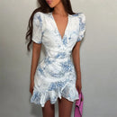 Women Chic Floral Print Bodycon Dress Holiday v-neck Pleated Patchwork Flared Sleeve Ruffle 2026 Summer Casual Latest Vestidos