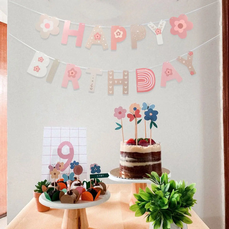 Pink Flower Banners Garland Ins Style Happy Birthday Banners Birthday Party Decoration Kids Girl Baby Shower Hanging Flag