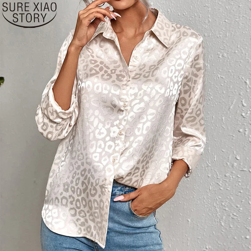 New Elegant Office Lady Long Sleeve Leopard Jacquard Blouse Turn Down Collar Button Shirt 2023 Spring Autumn Fashion Tops 19169