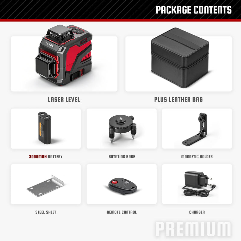 YEVOLT YVGLL4XS12 Series Green Laser Level 3-Plane 12-Line Self-leveling 360 3D Horizontal & Vertical 3.6V 3Ah Power Tools