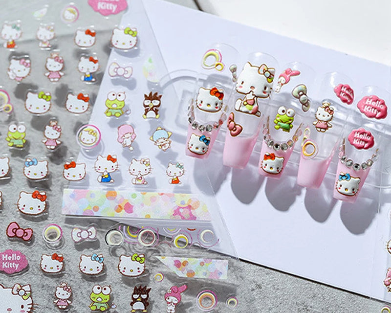 1PCS 5D Cartoon Kuromi Hello Kitty Nail Stickers Sanrio Animation Nail Art Decoration Sanrio Cute Melody Embossed Stickers