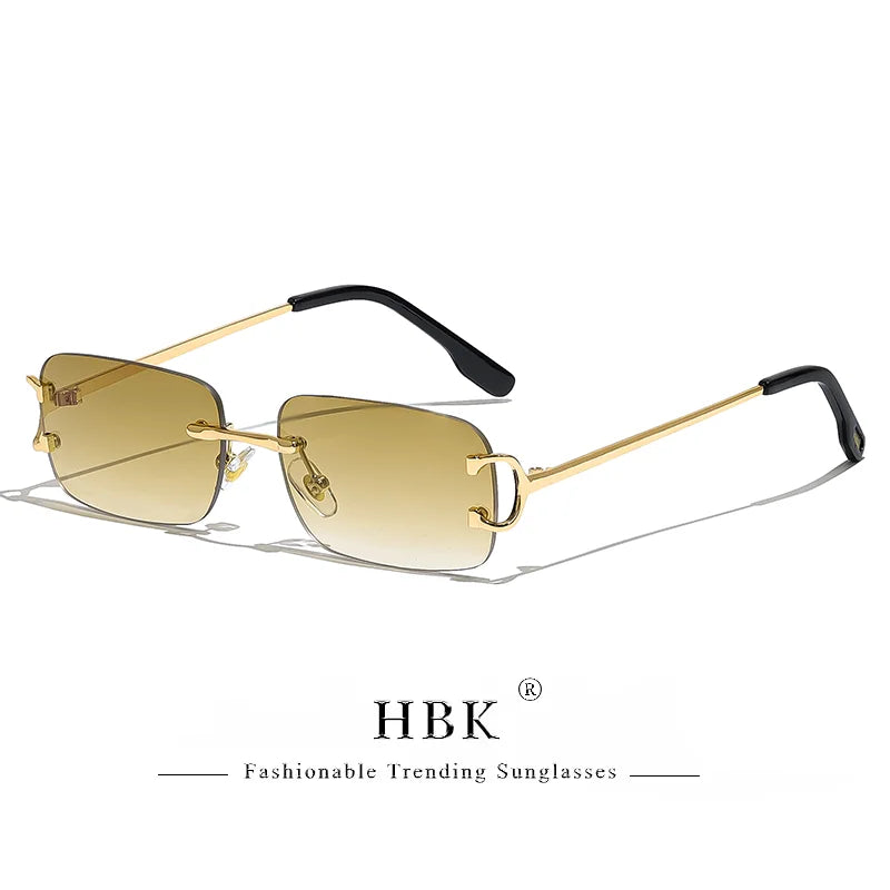 HBK Retro Rimless Sunglasses For Women Men Small Square Gold Frame Brand Design Tea Shades Rectangle UV400 Zonnebril Eyewear