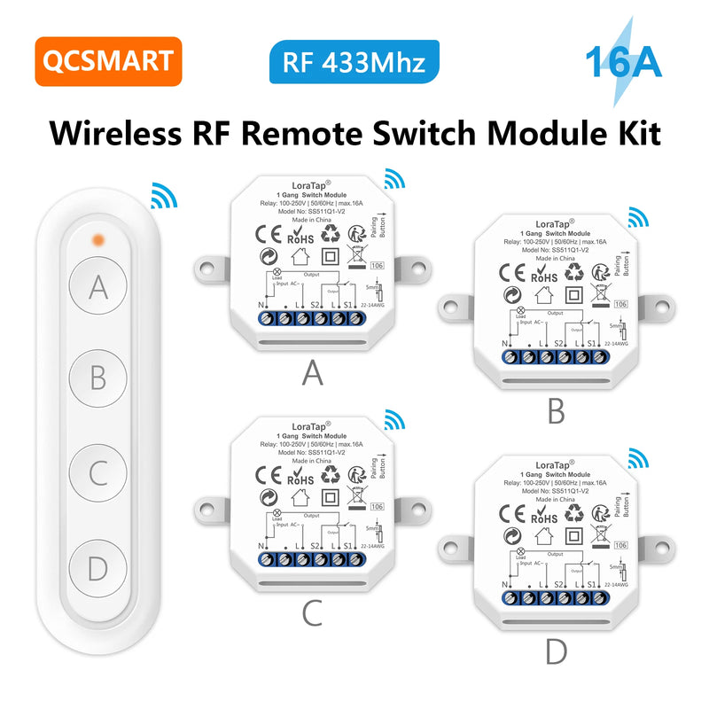 QCSMART Wireless RF 433Mhz 110-220V 16A Light Swich Relay Module Small Device with 4 Button Remote Controller